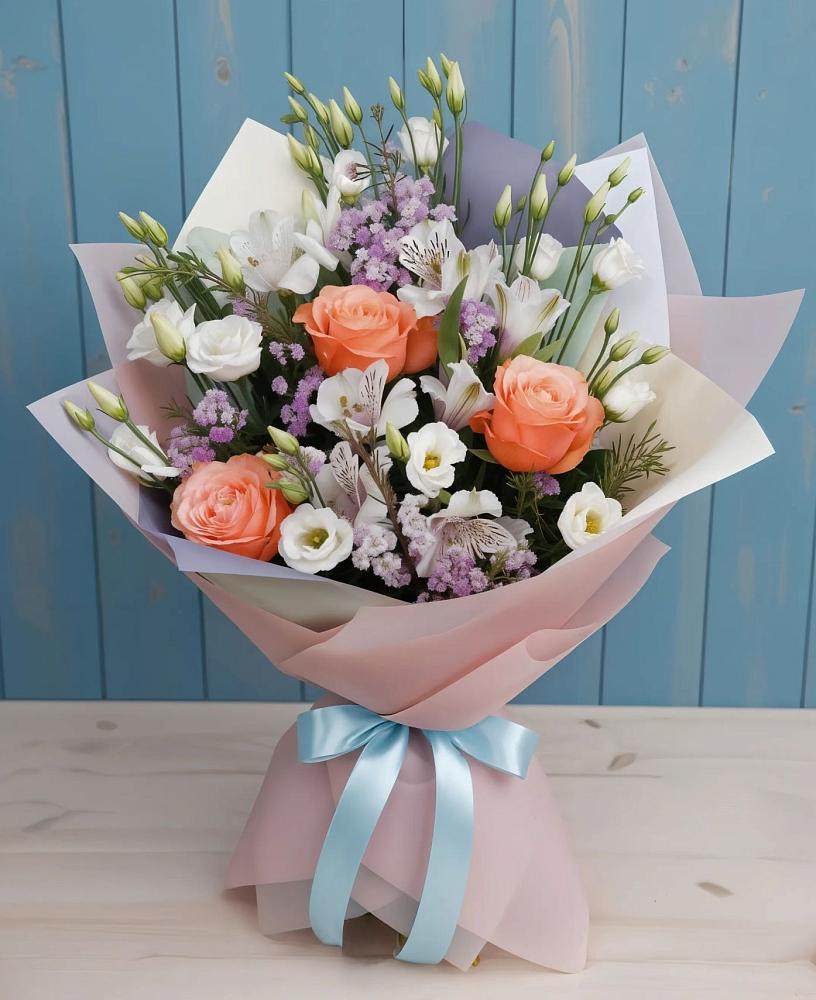 Букет цветов из: Лизиантусы, Розы, Альстромерии и Гипсофила в Архангельском Тульской области