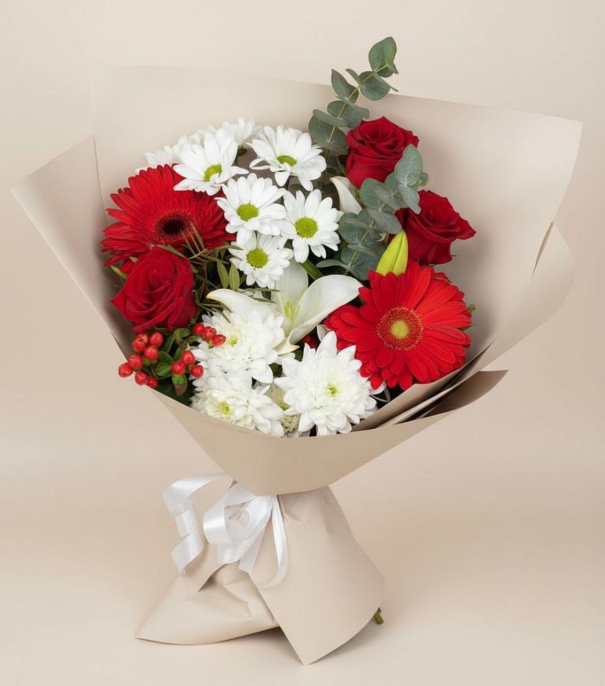 Букет цветов из: Розы, Хризантемы, Герберы и Лилии в Архангельском Тульской области